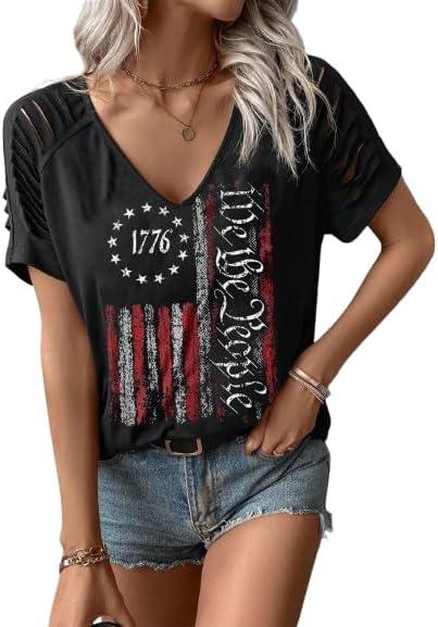 Women's July 4th Patterned USA Flag Patriotic T-Shirt 1776 Retro Casual Shirt Summer Casual Loose Sexy Joker top (M)