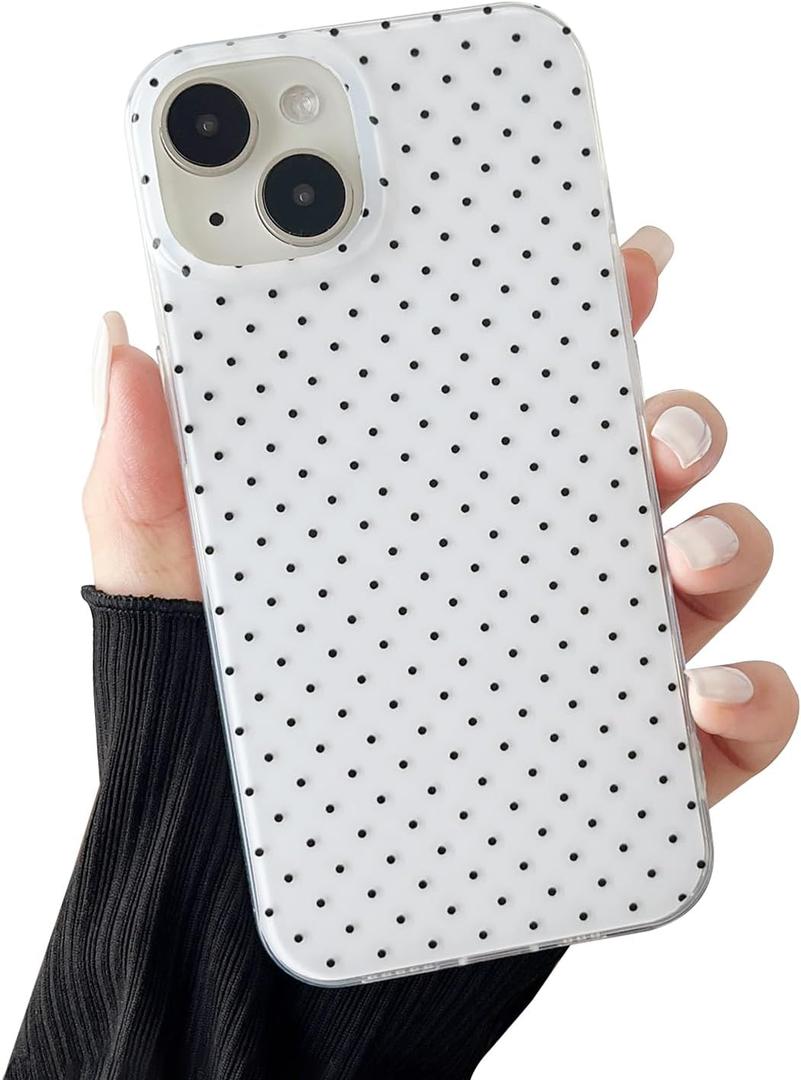 Compatible with iPhone 14/15 Plus Case, Fashion Cute Aesthetic Polka Dot Pattern Cover for Women, Shockproof Slim Soft TPU and Hard PC Protective Phone Case - White