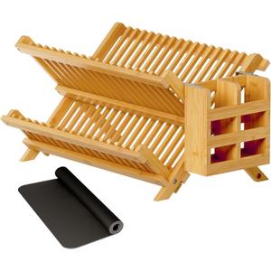 Greenual Bamboo Dish Drying Rack with Utensil Holder, 2 Tier Collapsible Dish Rack, Wooden Dish Racks for Kitchen Counter, Folding Drying Holder with Absorbent Dish Drying Mat (Natural)