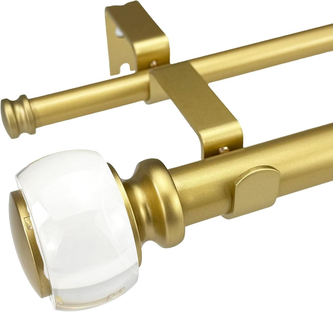 Brushed Gold Double Curtain Rods for Windows 60 to 140 Inches, Adjustable 72-144 Inch Extra Long Decorative Curtain Rod with Acrylic Finials, 1 Inch Heavy Duty Window Drapery Rods for Living Room