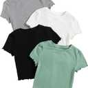MakeMeChic Women's 4 Pack Tee Shirt Short Sleeve Crew Neck Lettuce Trim Summer Tops (Large)