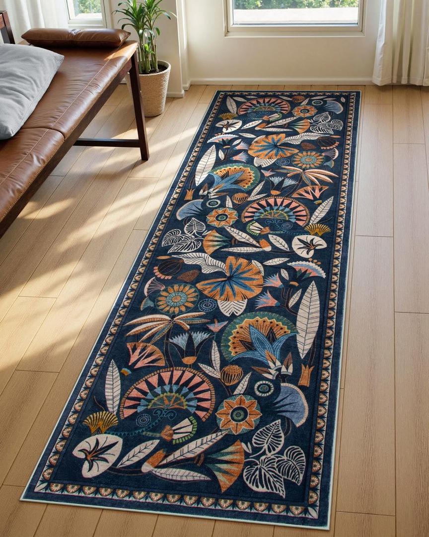 Zealude Egypt Floral Kitchen Runner Rugs Non Skid Washable,2x8 Boho Vintage Hallway Bathroom Runner Rug Non Slip,Soft Long Carpet for Laundry Room Entryway Bedroom (Dark Blue,2 x 8)