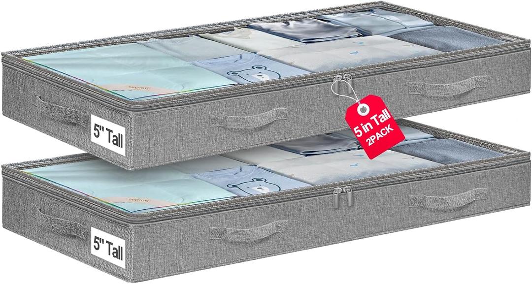 punemi 5 Inches High Low Profile Under Bed Storage ContainersNo-Structure,Soft Fabric Zippered Underbed Storage bins for Clothes and Blankets Fits Under Crib, Couch or Dorm bed,2-Pack,Grey