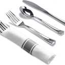 Tiger Chef Pre-Rolled Napkin and Cutlery Set - White Napkins and Silver Heavy-Weight Plastic Silverware with Napkin Band Set - 110-Pack