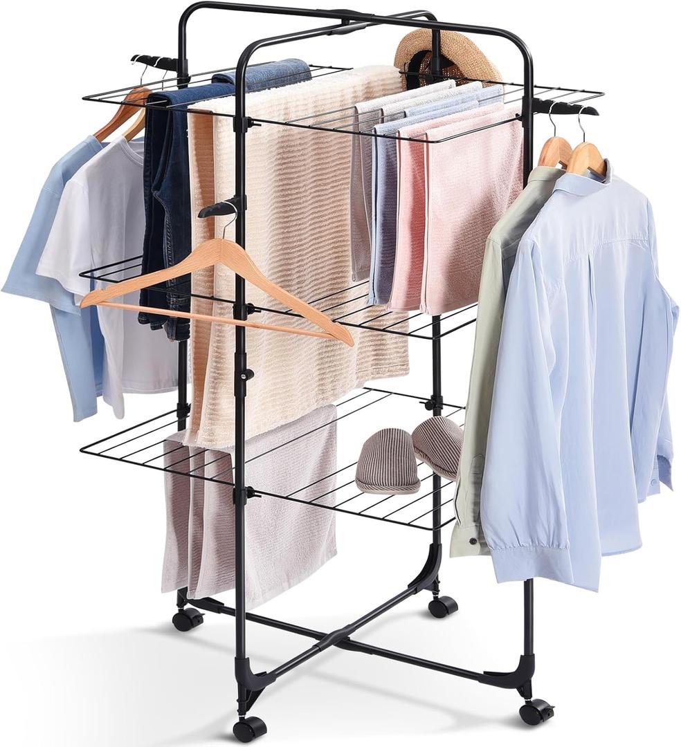 TOOLF Drying Rack Clothing, 3-Tier Collapsible Clothes Drying Rack with Wheels, Indoor-Outdoor Use, for Bed Linen, Clothing, Socks, Scarves, Black