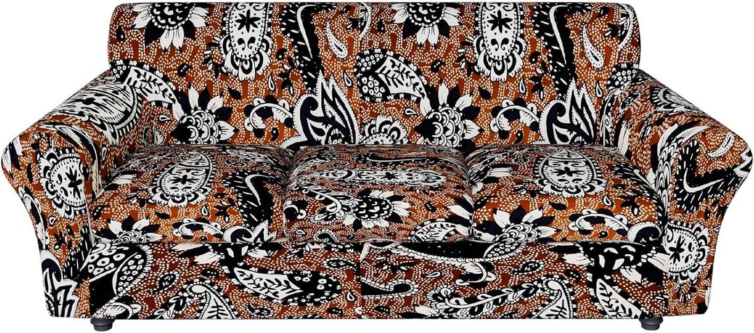 Stretch Couch Covers for 4 Separate Cushion Couch Sofa-Floral Printed Couch Sofa Cover,Washable Sofa Slipcover,Pet Friendly Furniture Protector with Elastic Bottom,Universal Fit for Home(Couch,Cover) (X-Large Sofa, Black Pattern+brown)