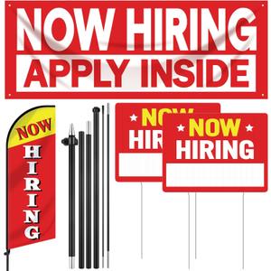 4 Pcs Feather Flag Set Include 2 Now Hiring Sign with Stake, 7 ft Now Hiring Feather Advertising Flag, Banner with Rope for Business Promotion