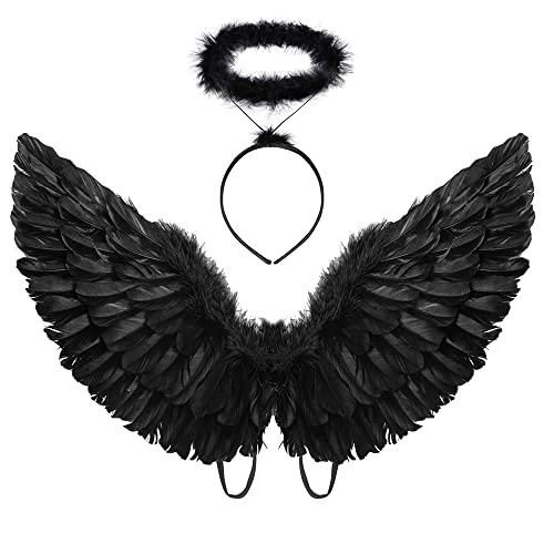 BohoSM Black Angel Costume Wings and Halo Angel Costume for Girls Kids Adult Halloween Christmas (Black)