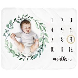 Baby Monthly Milestone Blanket Boy - Newborn Month Blanket Unisex Neutral Personalized Shower Gift Leaf Nursery Decor Photography Background Prop with Wooden Wreath Large 51''x40''