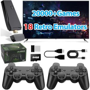 Wireless Retro Game Console Stick Built-in 20000+ Classic Games, 4K HDMI Output Nostalgia Plug & Play Retro Video Gaming Stick with 18 Emulators and Dual 2.4G Wireless Controller64GB