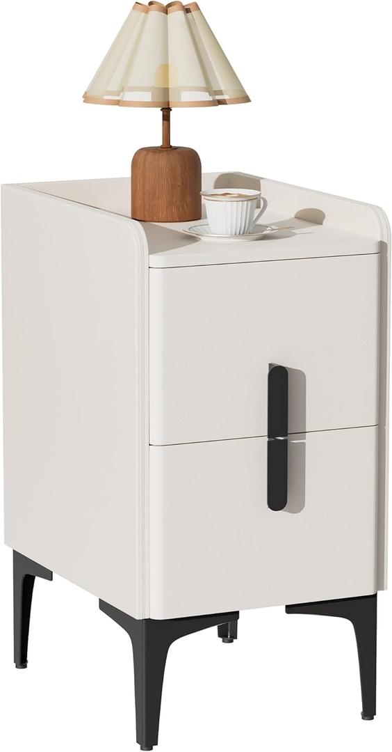VICITON Narrow Nightstand with 2 Drawers, Narrow Side Table Leather Surface, Slim Bedside Table for Bedrooms, Dormitories, Living Rooms (Cream White, 15.7" D x 11.8" W x 22.4" H)