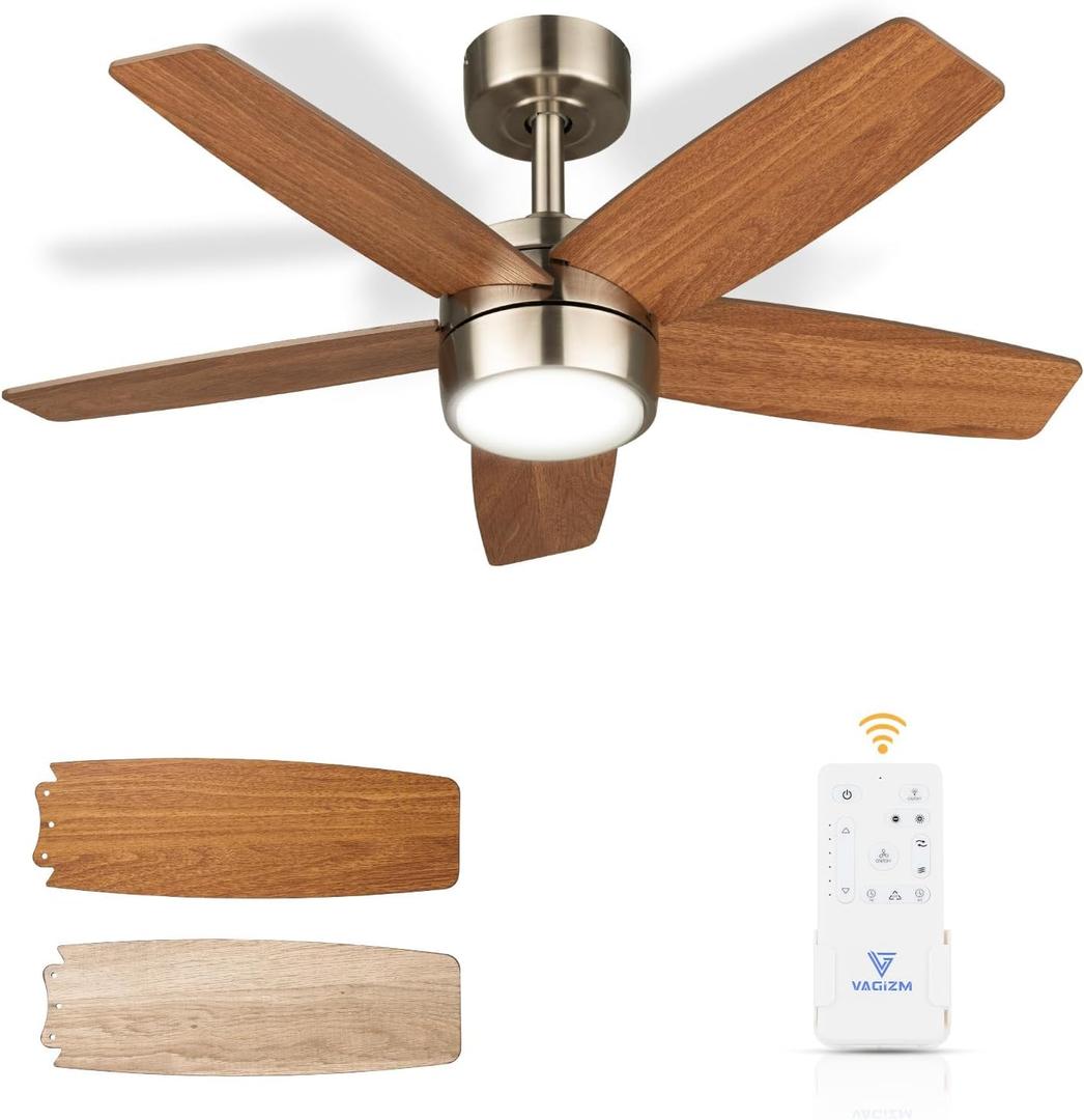 Vagizm Ceiling Fan with Light Remote: 36 Inch Small Ceiling Fans for Kids Bedroom Dorm Room Small Room Reversible Quiet DC Motor Dimmable Light with 6 Speeds (Brushed Nickel+Walnut)