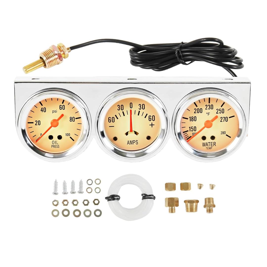 JDMSPEED 2" 52mm Triple Gauge Set Kit (Oil Pressure + Water Temperature + AMP Meter) 3-in-1