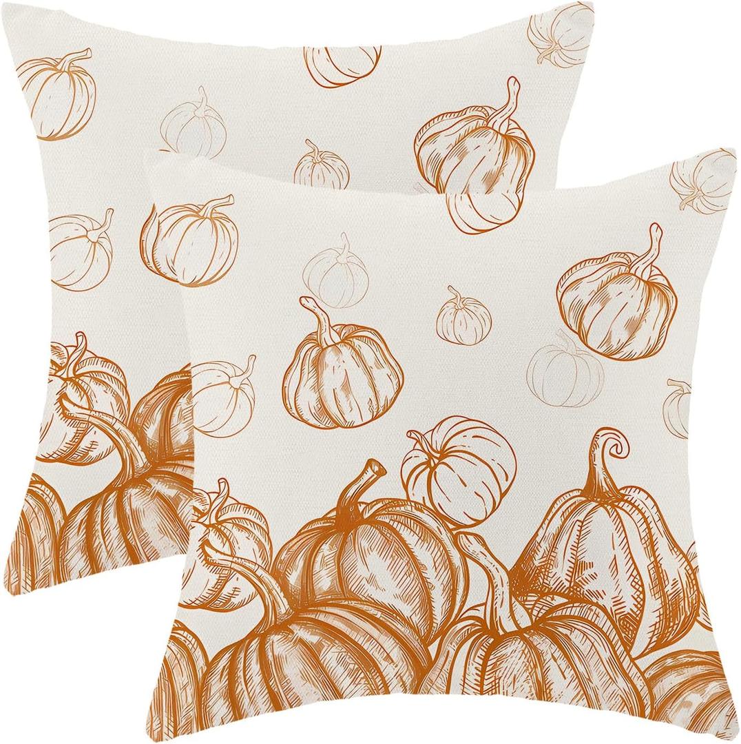 CXMEIFLY Fall Decor Pillow Covers 18x18 Inch Set of 2 Autumn Burnt Orange Pumpkin Print Throw Pillows for Couch Thanksgiving Harvest Indoor Outdoor Decorative Cushion Case for Sofa Bed Decorations