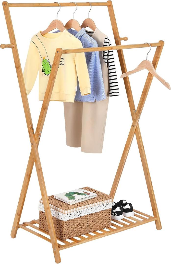Ufine Bamboo Kids Clothing Rack with Double Hanging Rods & Storage Shelf, Small Dress up Rack for Children Open Wardrobe Costumes Organizer