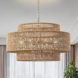 31.5"Large Boho Rattan Farmhouse Chandeliers for Dining Room,8-Light Rattan Hand-Woven Rustic Drum Chandelier Pendant Light Fixture for Kitchen Island Bedroom Living Room Entryway Foyer(Brown)