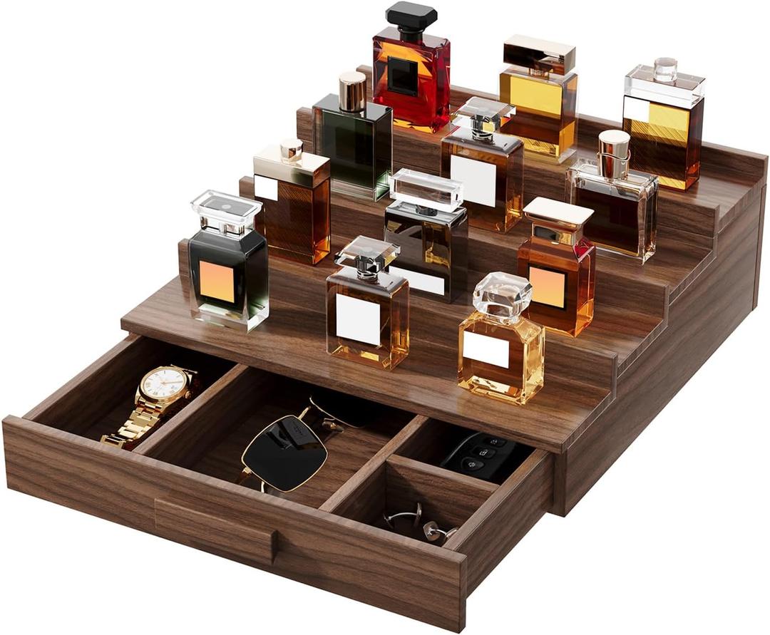 Solid Walnut Cologne Organizer for Men,Cologne Stand,4 Tier Wooden Cologne Holder Shelf Display,Perfume Stand Organizer with Drawer Storage and Hidden Compartment,Gift for Men Dad Husband