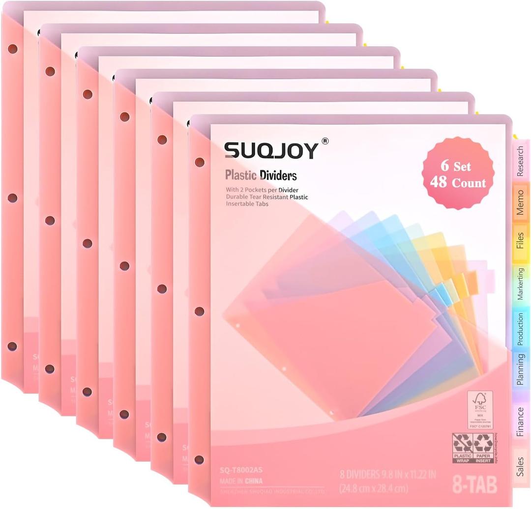 8-Tab Dividers for 3 Ring Binder, 48 Count Binder Dividers with Pockets, Subject Dividers, 3-Hole Plastics Sheets Protectors for US Letter Size in 0.5", 1",2" Binders, Vibrant 8 Color, 6 Packs