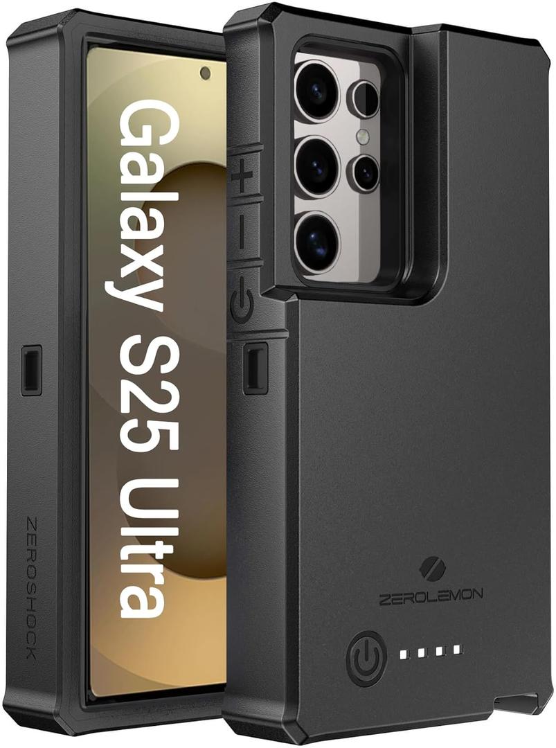 ZEROLEMON Battery Case for Galaxy S25 Ultra 10000mAh, 18W Fast Phone Charging Power to Galaxy S25 Ultra, Full Edge Protection ZeroShock Extended Charger Case Cover for Galaxy S25 Ultra - Black