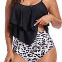 American Trends High Waisted Tankini Swimsuits for Women Flounce Top Tummy Control Bathing Suits (12-14, 08 Black Leopard)