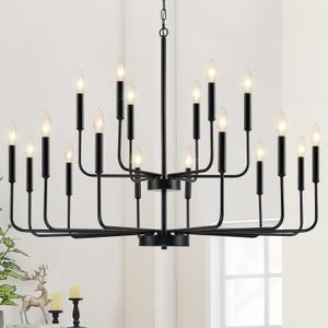 Black Chandeliers for Dining Room Light Fixture Over Table, Modern Farmhouse Chandeliers for Living Room,18-Lights Industrial Metal 2-Tier Candle Lighting Fixtures for Entryway Kitchen Island Foyer (18 - Lights, Black)