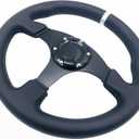 13inch/330mm White Stripe Racing Steering Wheel Genuine Leather and Aluminum Frame 6 Bolt Flat Bottom Steering Wheel for Racing/Car Sim Driving