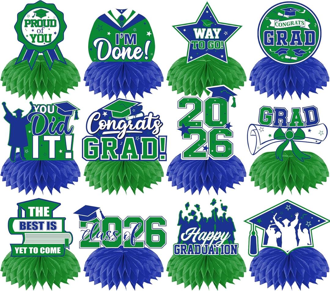 12Pcs Green and Blue Graduation Decorations Honeycomb Centerpieces, Class of 2026 Graduations Centerpieces for Tables Green and Blue Congrats Grad Graduation Table Decoration Grad Centerpiece