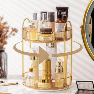 COMVTUPY Makeup Organizer, 360° Rotating Design Bathroom Counter Organizer - Large Capacity Makeup, Skincare & Perfume Organizer (2 Tier-Gold)