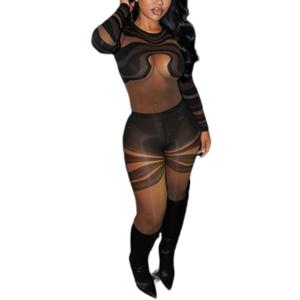 Sexy Jumpsuits for Women Print See Through Long Sleeve Jumpsuit Bodycon Mesh Jumpsuit Party Club Outfits (Small, Black)