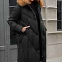 PAPILLON D'OR WEAR YOUR WINGS Women's Long Puffer Coat - Detachable Faux Fur Collar Diamond Quilted Winter Jacket (Black, XL)