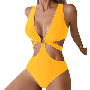 Women's Deep V Neck One Piece Swimsuit O-Ring Swimwear Sexy Cut Out Bathing Suit, XL