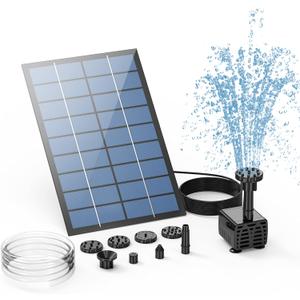 AISITIN 2.5W Solar Fountain Pump, DIY Outdoor Solar Water Fountain with 6 Nozzles and 4ft Water Pipe, Solar Powered Pump for Bird Bath, Ponds, Garden and Fish Tank Garden, Pond