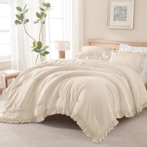 Andency Beige Comforter Set Queen Size, 3 Pieces Shabby Chic Ruffle Bedding Comforter Sets for Queen Bed, Lightweight Fluffy Soft Microfiber Farmhouse Comforter Set (Queen (90"x90"))