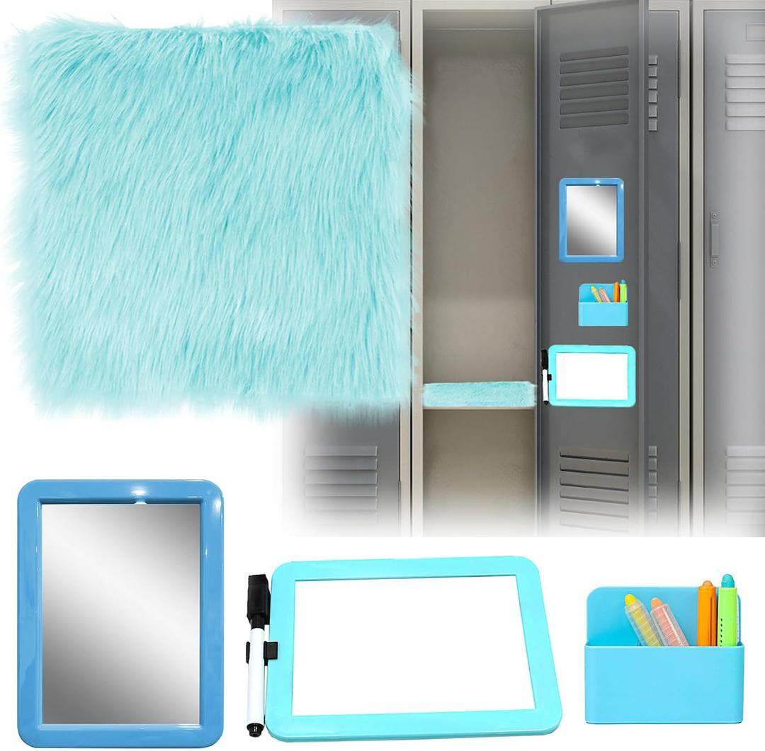 Locker Accessories Kit, Magnetic 57" Mirror Whiteboard With Marker & 12" Mini Rug, Blue Organizer for Girls School Office Gym Accessories Coat Lockers