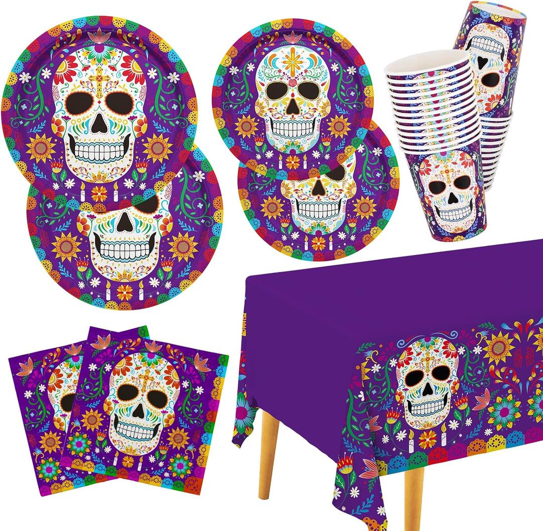Day of the Dead Party Supplies Kit Serve 25, Includes Disposable Sugar Skull Dinner Plates, Dessert Plates, Napkins, Cups and Tablecloth, Da de los Muertos Party Decorations