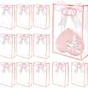 12 Pcs Clear Gift Bags with Handles 7.1"x10.2"x3.2" Plastic Party Favor Bag with Ribbon Reusable Goodie Bags Transparent Gift Wrap Bag Bulks for Valentine's Day Bridal Wedding Birthday (Pink)