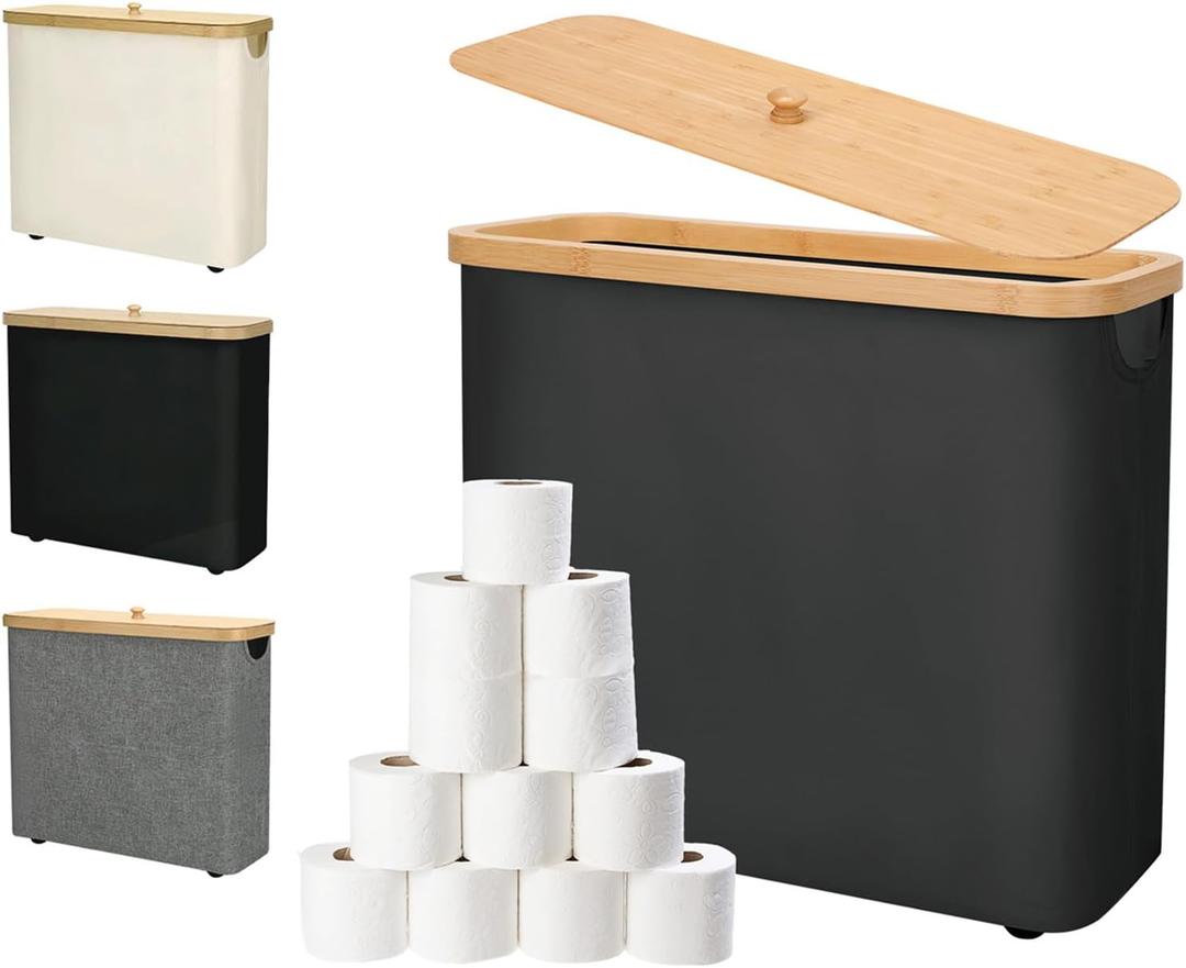 Toilet Paper Storage 30L - Waterproof Toilet Paper Basket with Bamboo Lid and Handle, Bathroom Organizer (Dark Black)
