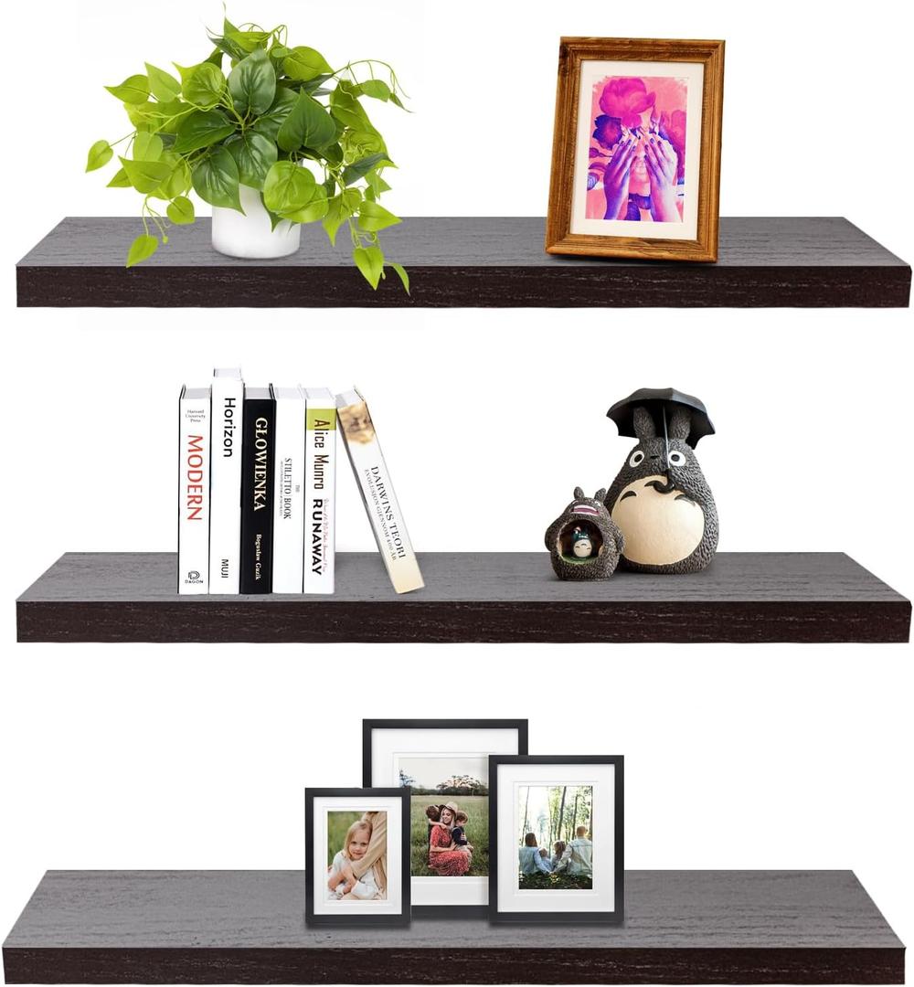 SAUMONIERES Floating Wall Shelves for Bedroom Bathroom Wall Mounted Solid Wood Shelf 24 Inch Set of 3, Espresso Floating Shelves