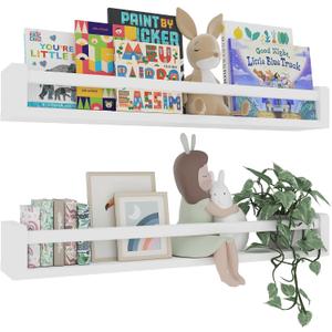 Heimlove Nursery Floating Shelves, Solid Wood Nursery Book Shelves for Wall, 32 inch Bookshelf for Kids, Wall Mounted Shelves for Books,Toys and Decor Storage, Set of 2 (White)