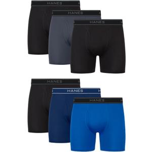 Hanes Men's Value Performance Stretch Boxer Brief Underwear, Moisture-Wicking, 6-Pack (Black/Blue/Grey), XL