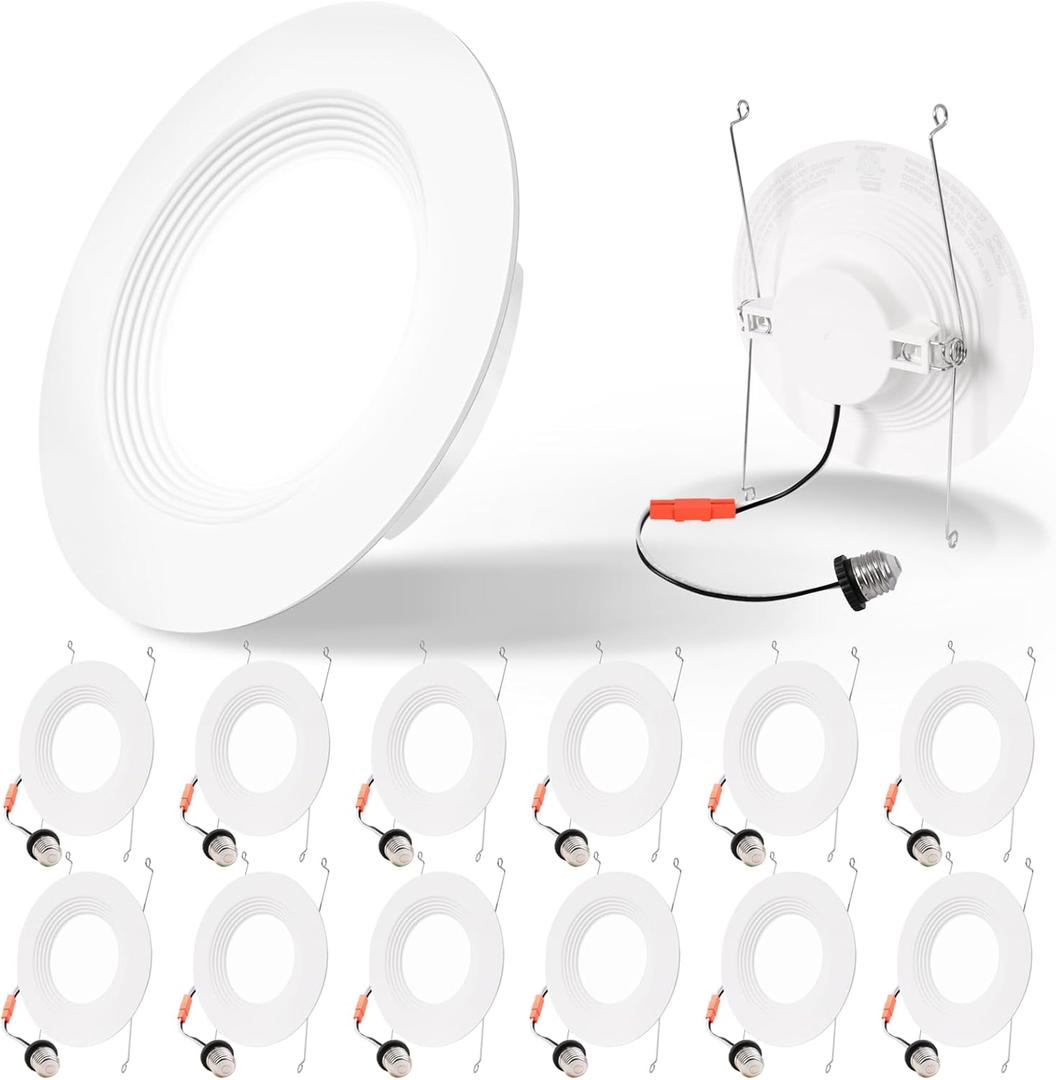 E ENERGETIC LIGHTING LED Recessed Downlight 6 Inch, 12.5W=100W, Daylight 5000K, 950LM, Retrofit LED Recessed Ceiling Light, Dimmable Trim Can Lights, Baffle Trim, Damp Rated, ETL, 12 Pack