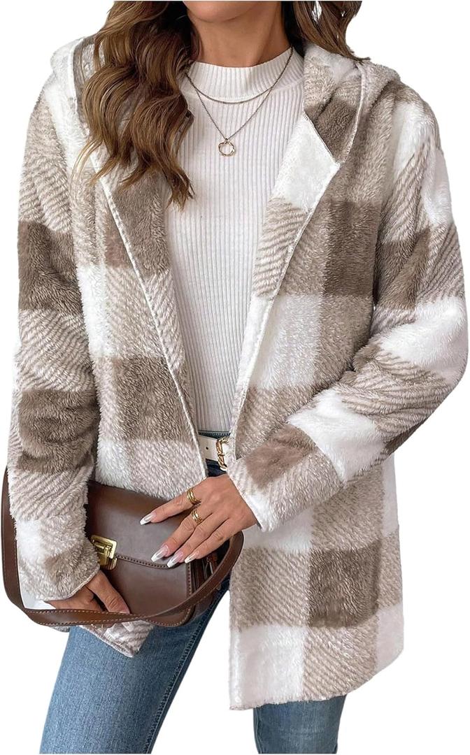 SOLY HUX Women's Plaid Fuzzy Fleece Hoodie Jacket Open Front Long Sleeve Cardigan Warm Casual Outerwear Coat