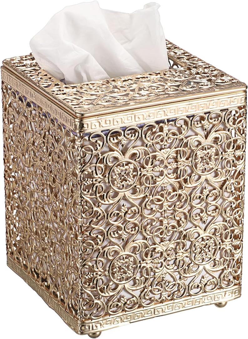 Sumnacon Tissue Box Cover Square Tissue Box with Lid, Metal Tissue Box Holder Stylish Tissue Cover Cube Tissue Box Cover for Bathroom Toilet Kitchen Table Desk Home Office, Gold