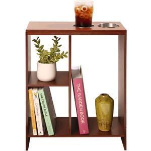 Slim End Table, End Tables with Drink Holders, Narrow Side Table with Storage, Walnut Finish Slim End Tables for Small Spaces Brown 7.75 Inch x 20 Inch x 24 Inch