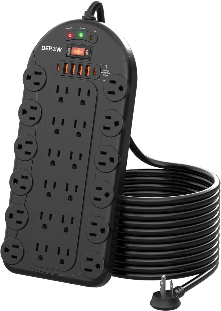 DEPOW 10Ft Power Strip Surge Protector with 24 AC Outlets (1875W/ 15A) 6 USBs (2 USB-C Ports), 3, 400 Joules, Heavy Duty Flat Plug Extension Cord, Wall Mountable for Home, Office, Black, ETL Listed