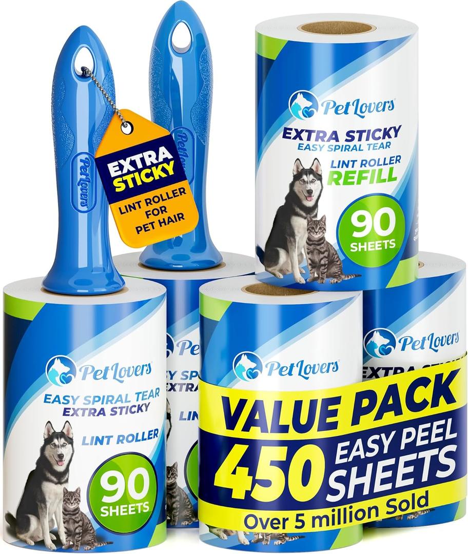 PetLovers Extra Sticky Lint Roller Mega Value Set 450 Sheets for Pet Hair Removal and Clothes, Dog and Cat Lint Remover 5 Pack
