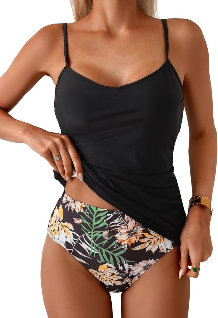 Eomenie Tankini Swimsuits for Women Two Piece Tummy Control Bathing Suit Slimming Modest Swimwear with High Waisted Bottom, 2XL