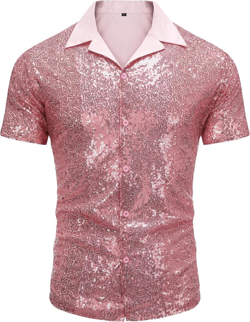 AstoSeu Men's Sequin Dress Shirt 70s Disco Costume Sparkle Party Short Sleeve Button Down Shirts (Large, Pink)