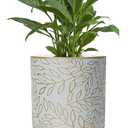 12inch Plant Pots with Wood Planter Holder Indoor Flower Pot with Gold Floral Embossed Modern Planters with Drainage Holes for Living Room, Office, Garden or Balcony