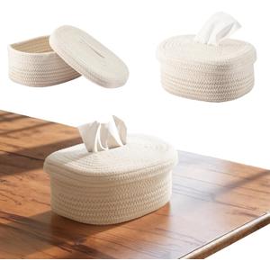 Fabric Tissue Box Cover with Lid  Rectangular White Woven Tissue Holder for Home, Minimalist Decorative Tissue Case for Bathroom, Living Room, Bedroom